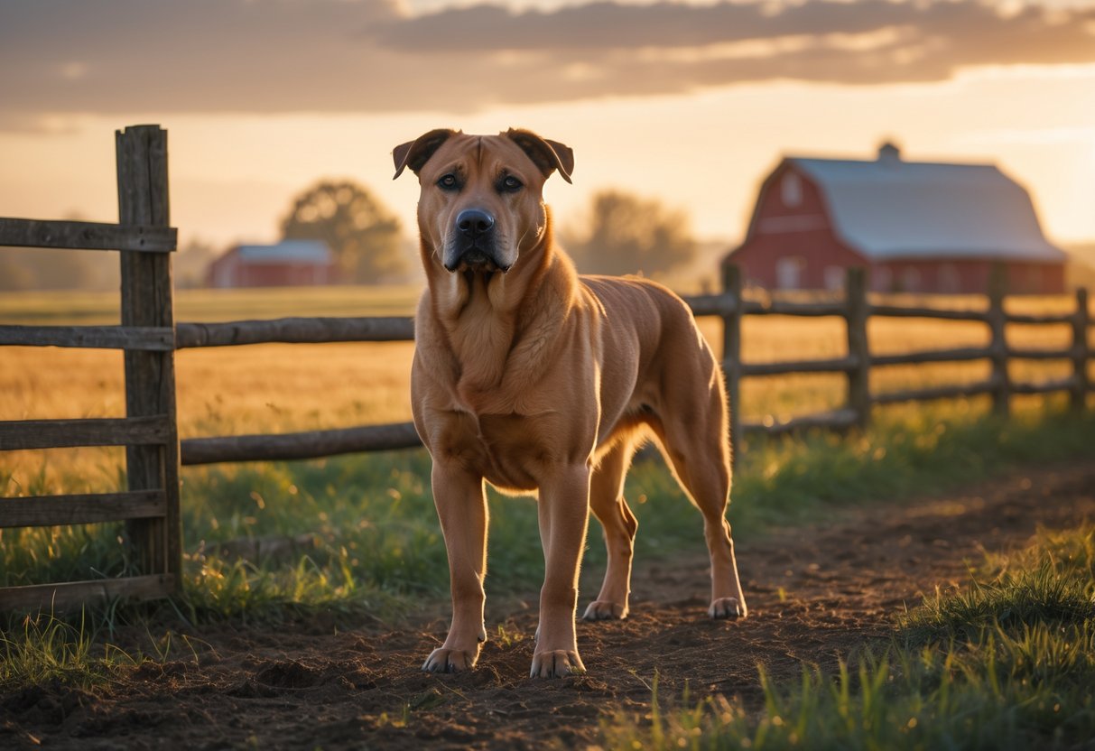 A strong farm dog standing alert in an open field with wooden fences and farm buildings in the background.
