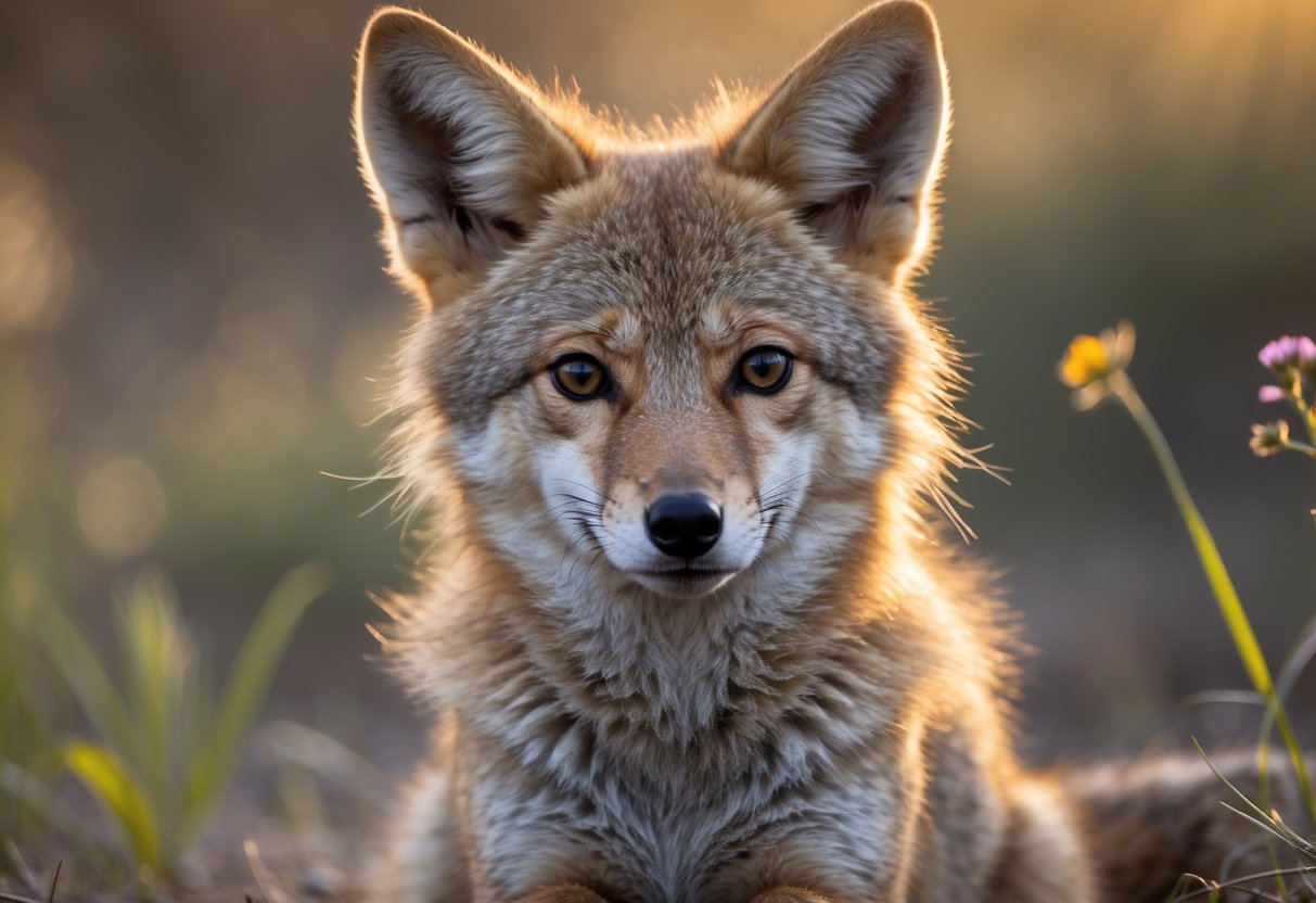 A young coyote sitting calmly in a natural outdoor setting with soft fur and large expressive eyes.