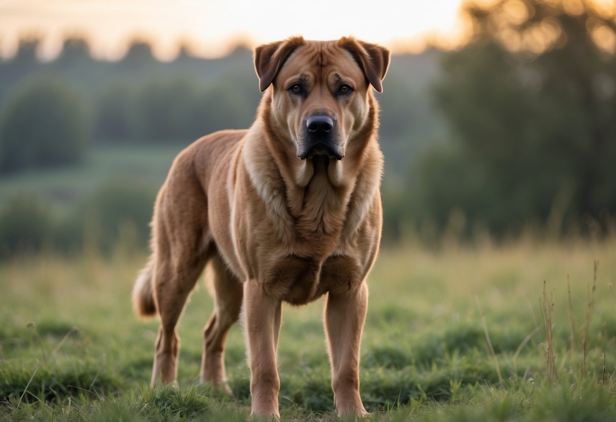 A large protective dog standing alert in a grassy field near a forest edge at dawn.