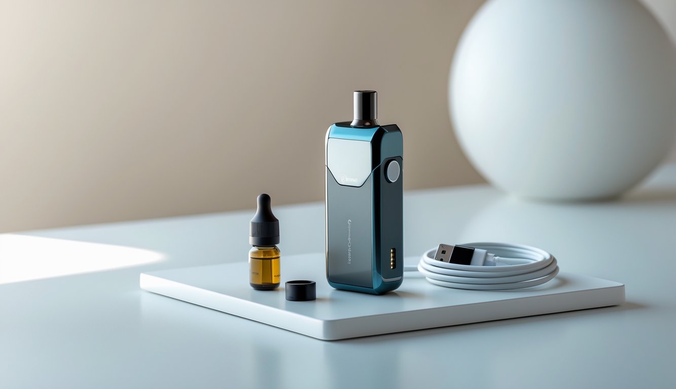Sebuah perangkat vapor pod mod terbaru untuk pemula diletakkan di atas permukaan putih dengan aksesori kecil di sekitarnya.