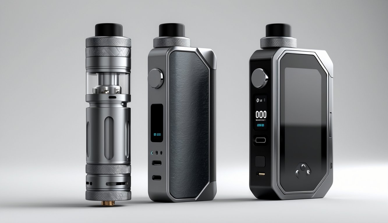 Dua perangkat vapor berdampingan, satu mod mekanik dengan desain logam sederhana dan satu mod teratur dengan layar digital dan tombol.