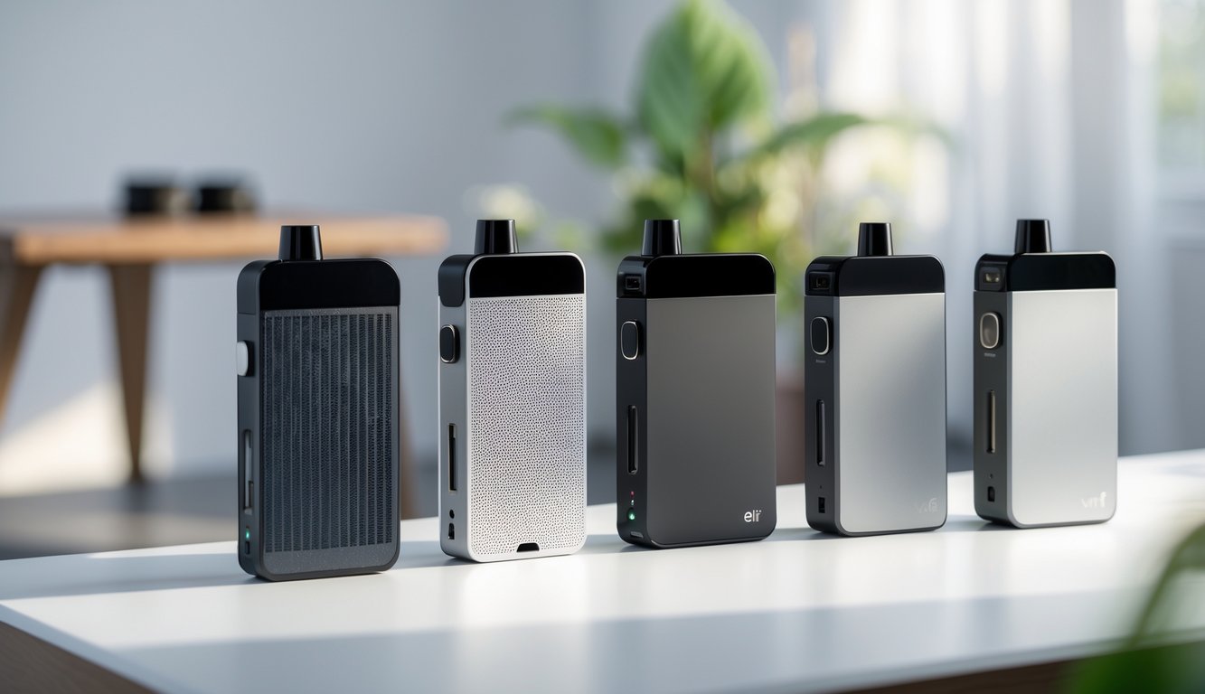 Beberapa perangkat vapor AIO yang praktis tersusun rapi di atas permukaan putih dengan latar belakang ruangan modern dan tanaman hijau.