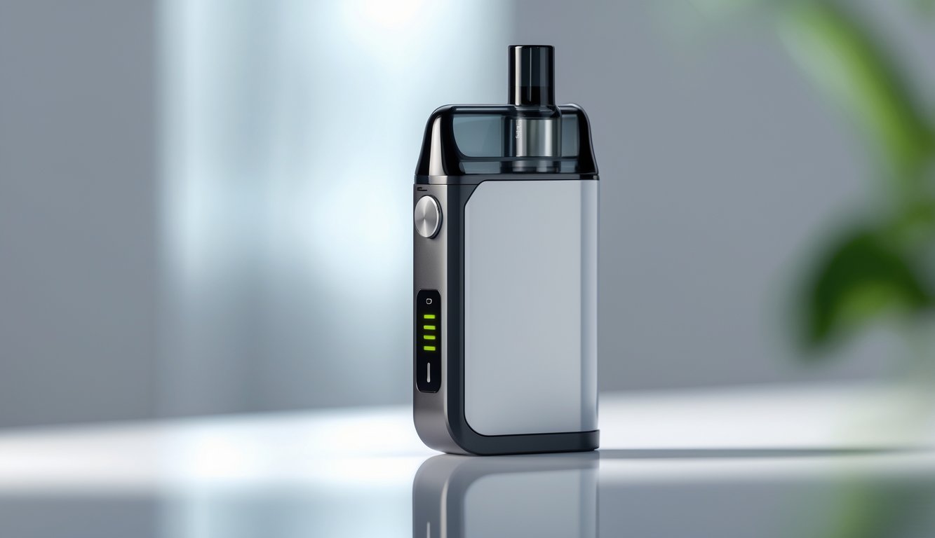 Sebuah perangkat vapor pod system modern dengan desain ramping dan baterai tahan lama, diletakkan di atas permukaan bersih dengan latar belakang minimalis.