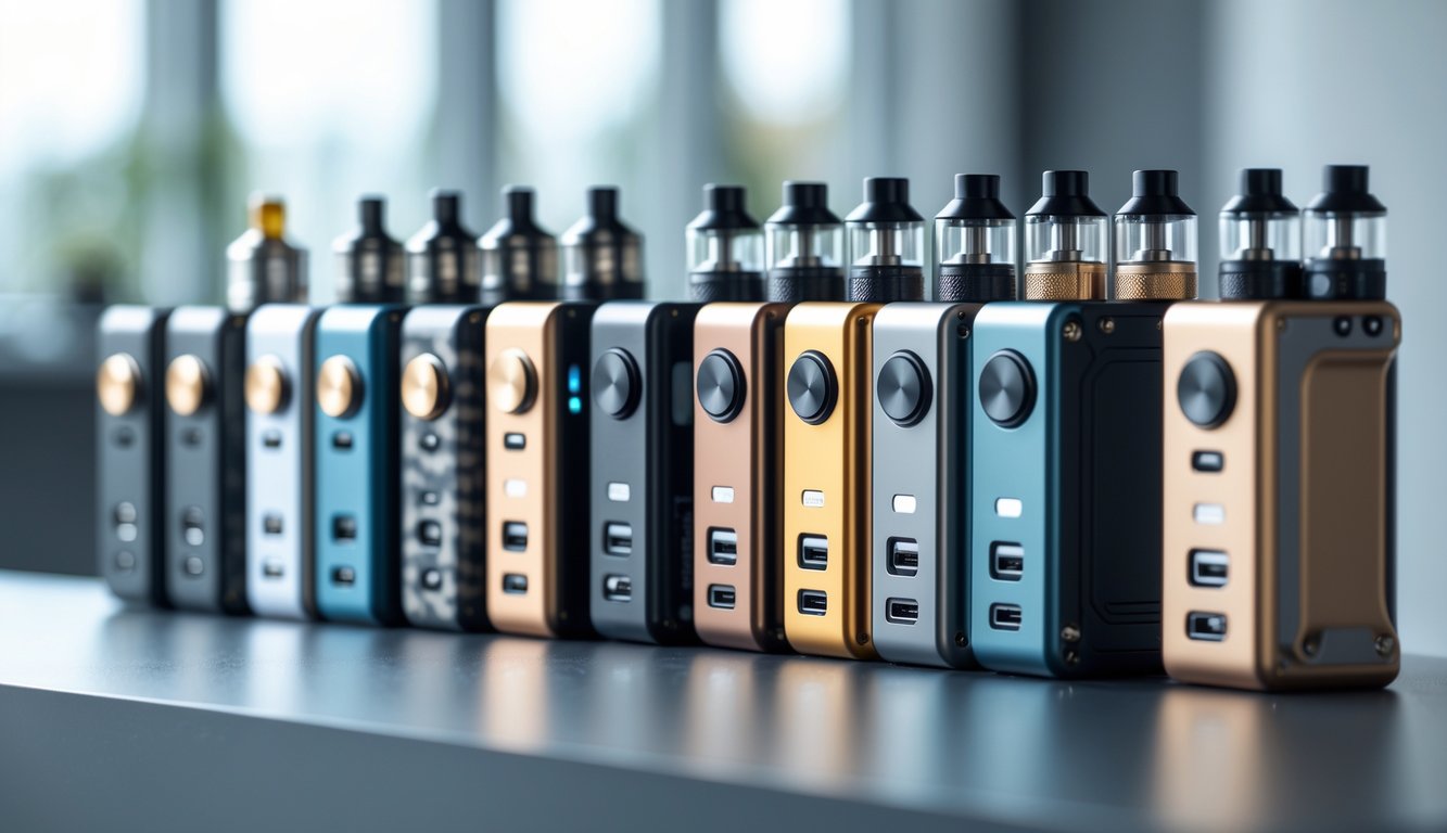 Beberapa perangkat vapor squonk mod dengan berbagai desain dan warna yang tertata rapi di atas meja modern.