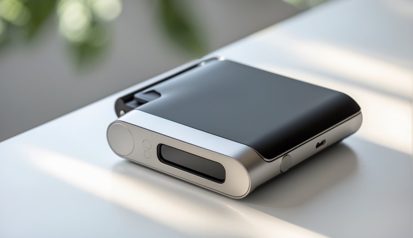 Perangkat vapor portabel dengan desain minimalis modern diletakkan di atas permukaan putih bersih.