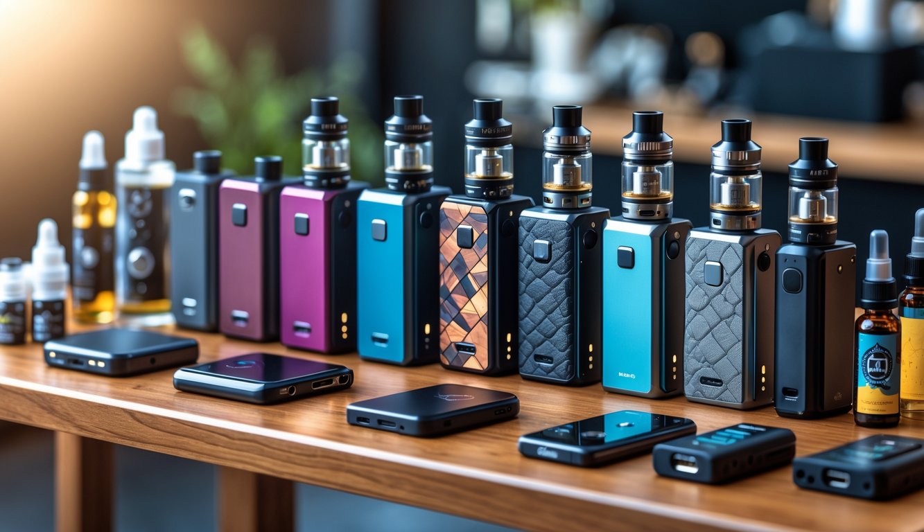 Beberapa perangkat vapor box mod dengan berbagai ukuran dan warna diletakkan rapi di atas meja kayu, dikelilingi oleh aksesori terkait seperti botol e-liquid dan baterai.