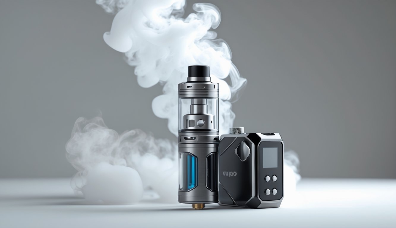 Perangkat vapor sub-ohm dengan tangki kaca yang menghasilkan asap tebal dalam latar belakang netral.