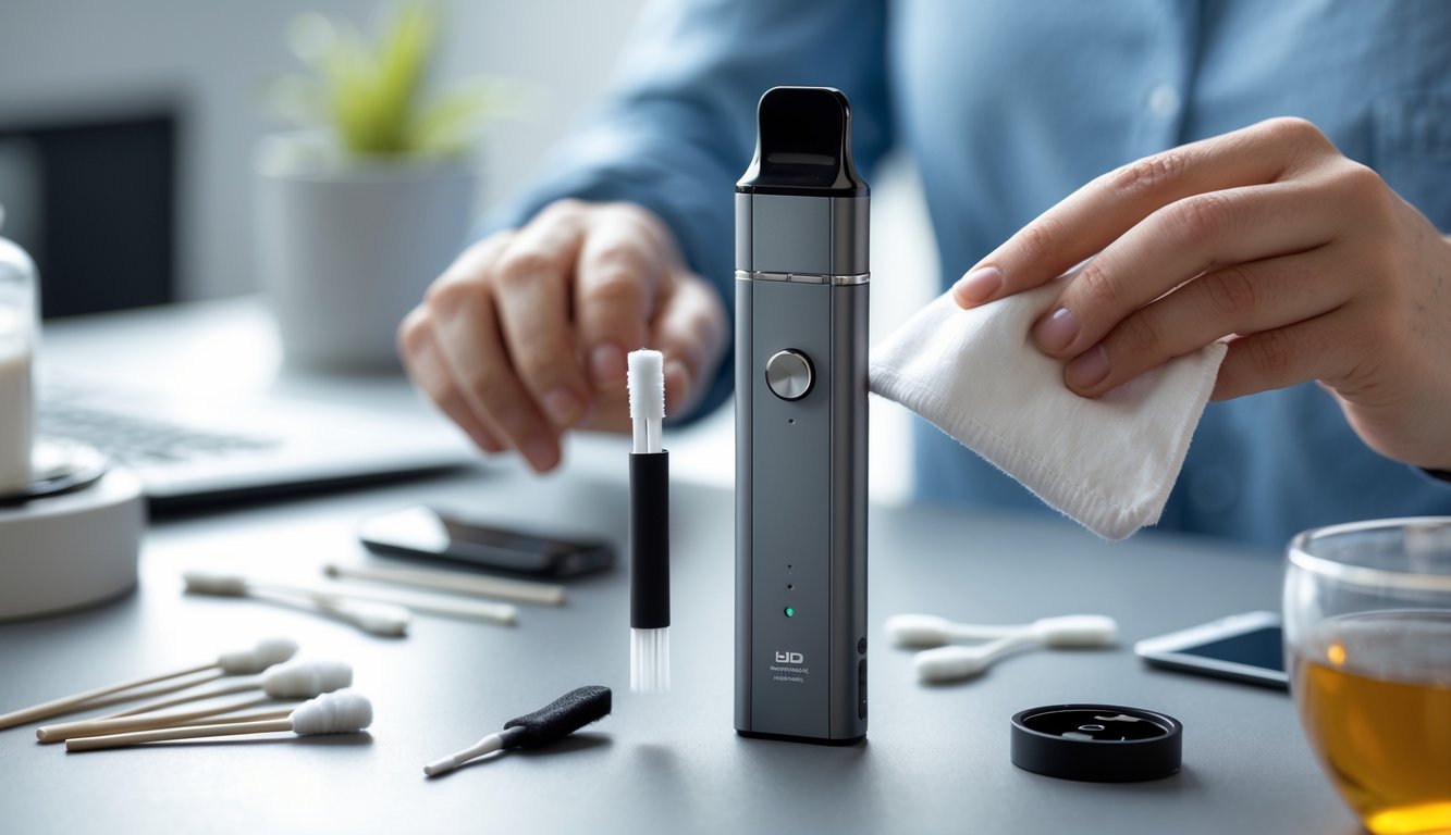 Tangan sedang membersihkan perangkat vapor disposable di atas meja dengan alat pembersih kecil.