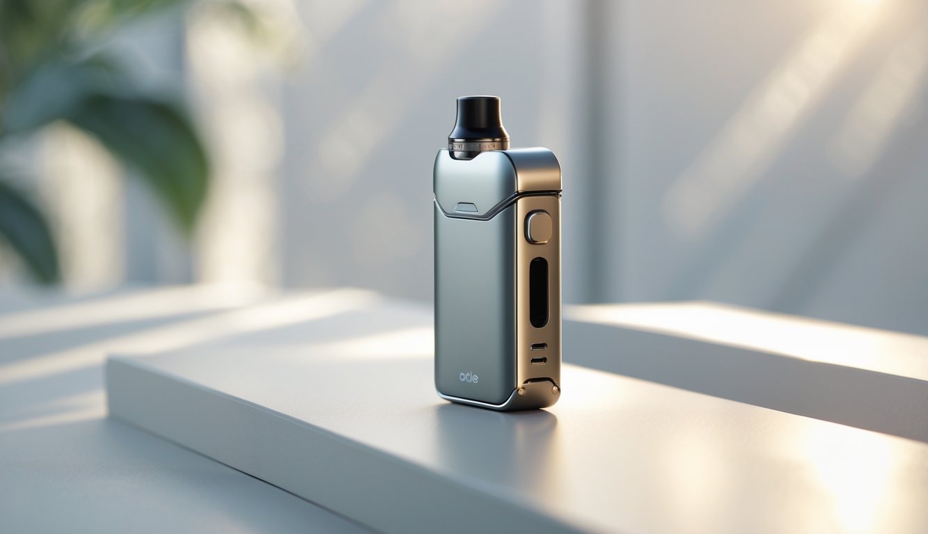 Gambar perangkat vapor hybrid modern yang menggabungkan pod dan mod dalam satu alat, diletakkan di atas permukaan bersih dengan pencahayaan lembut.