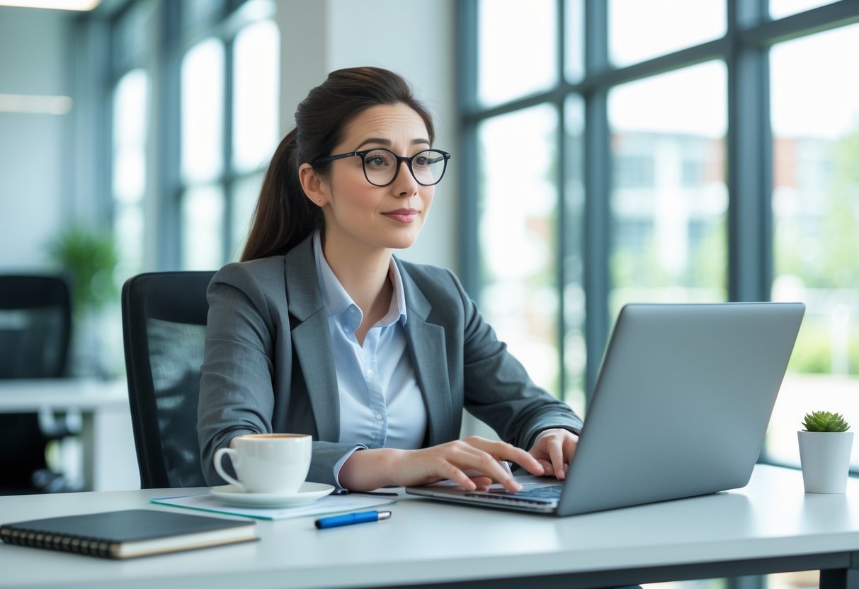 A young woman sitting at a desk looking thoughtfully at a laptop in a bright office.