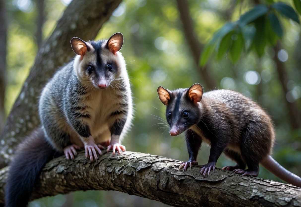 A possum on a tree branch and an opossum on the ground in a forest setting.