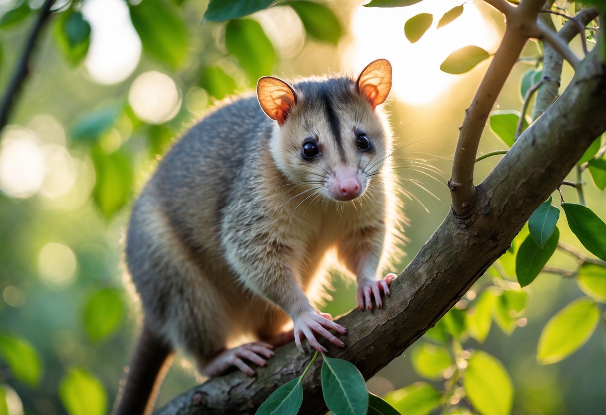 An opossum perched on a tree branch surrounded by green leaves in a natural outdoor setting.