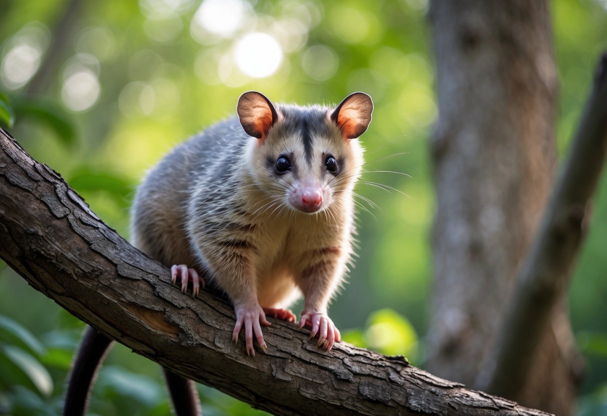 A calm opossum sitting on a tree branch in a forest.