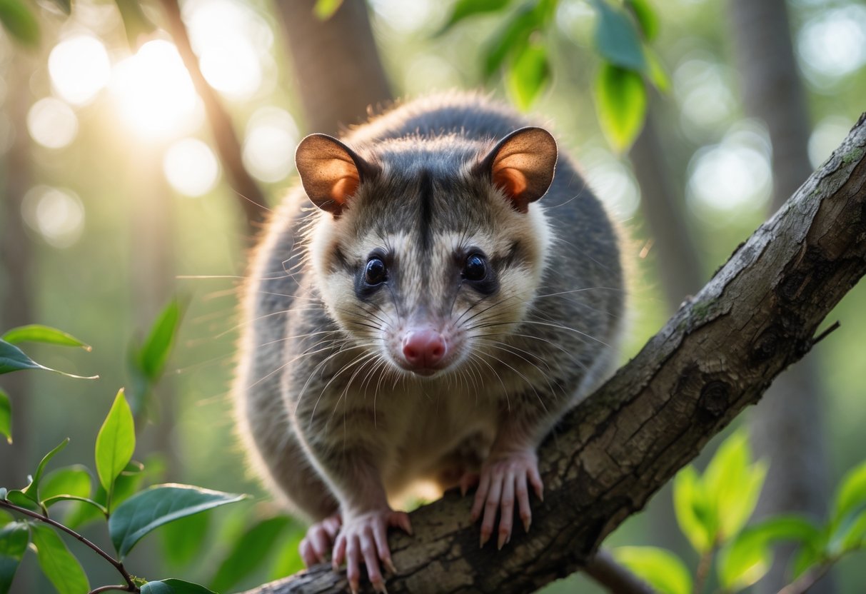 A close-up of an opossum sitting on a tree branch surrounded by green leaves in a forest.