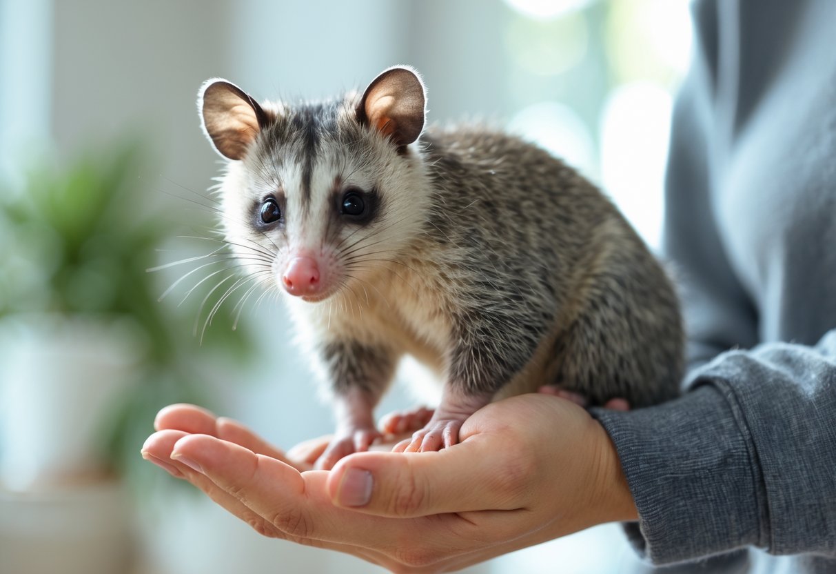 A calm opossum sitting on a person's hand indoors.