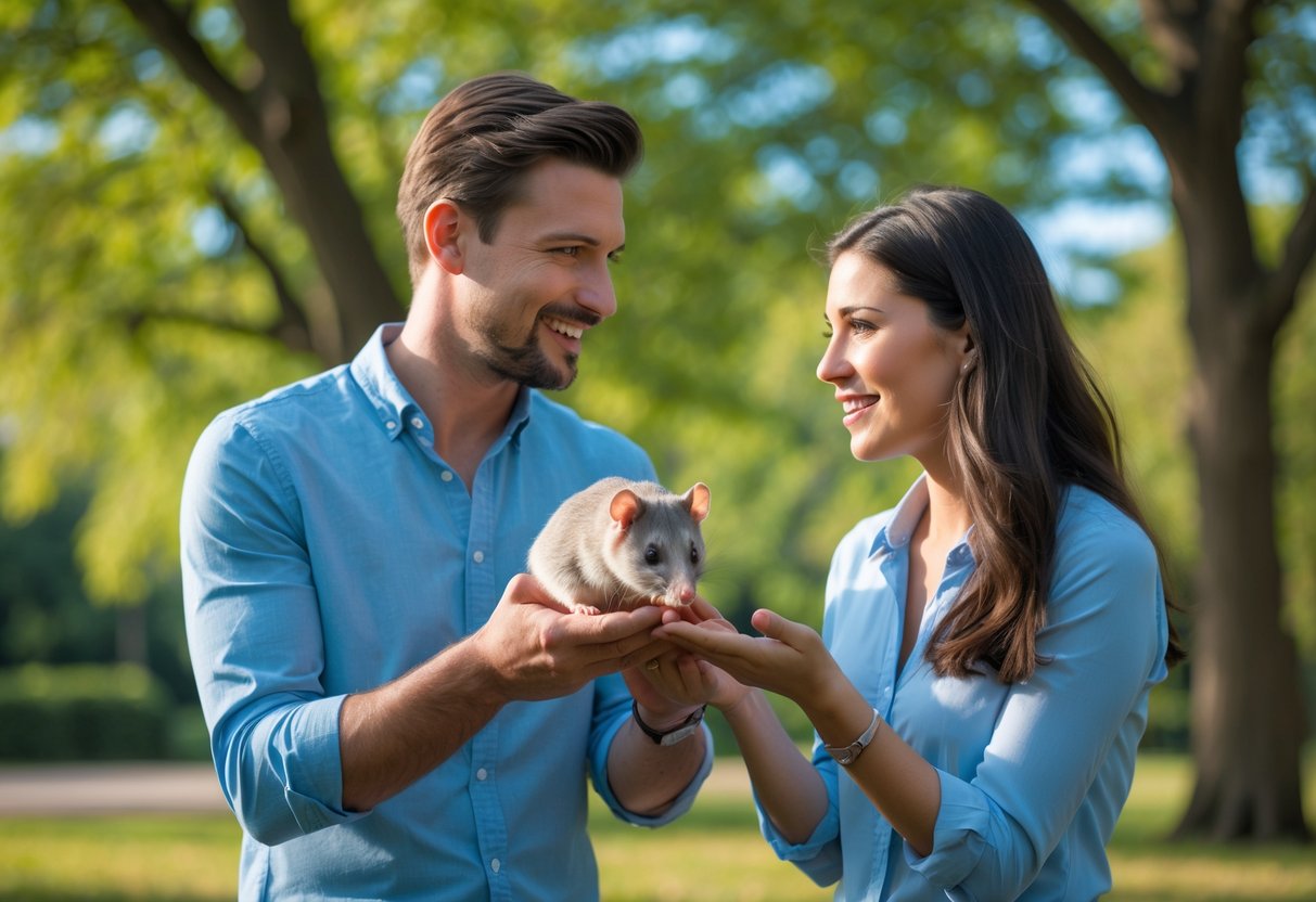 A British man and woman outdoors in a park, the man holding a small opossum while they talk and look interested.