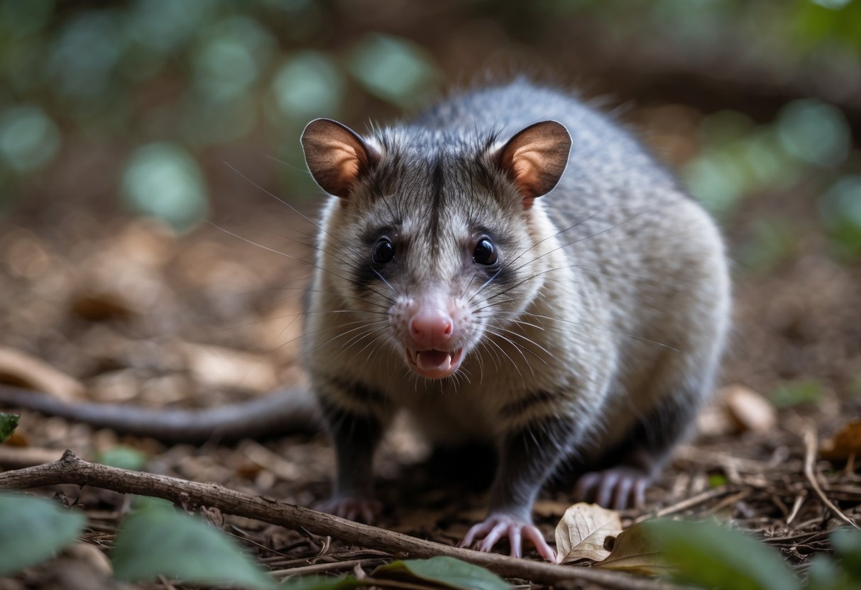 A calm opossum sitting on a forest floor looking at the camera with its mouth slightly open showing its teeth.
