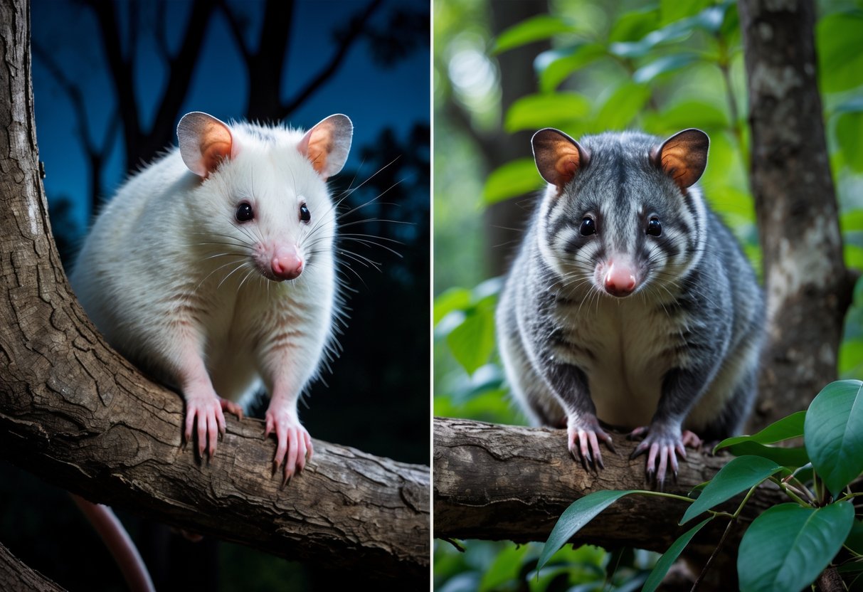 An opossum and a possum shown side by side in their natural habitats, one at night on a tree branch and the other during the day among green leaves.