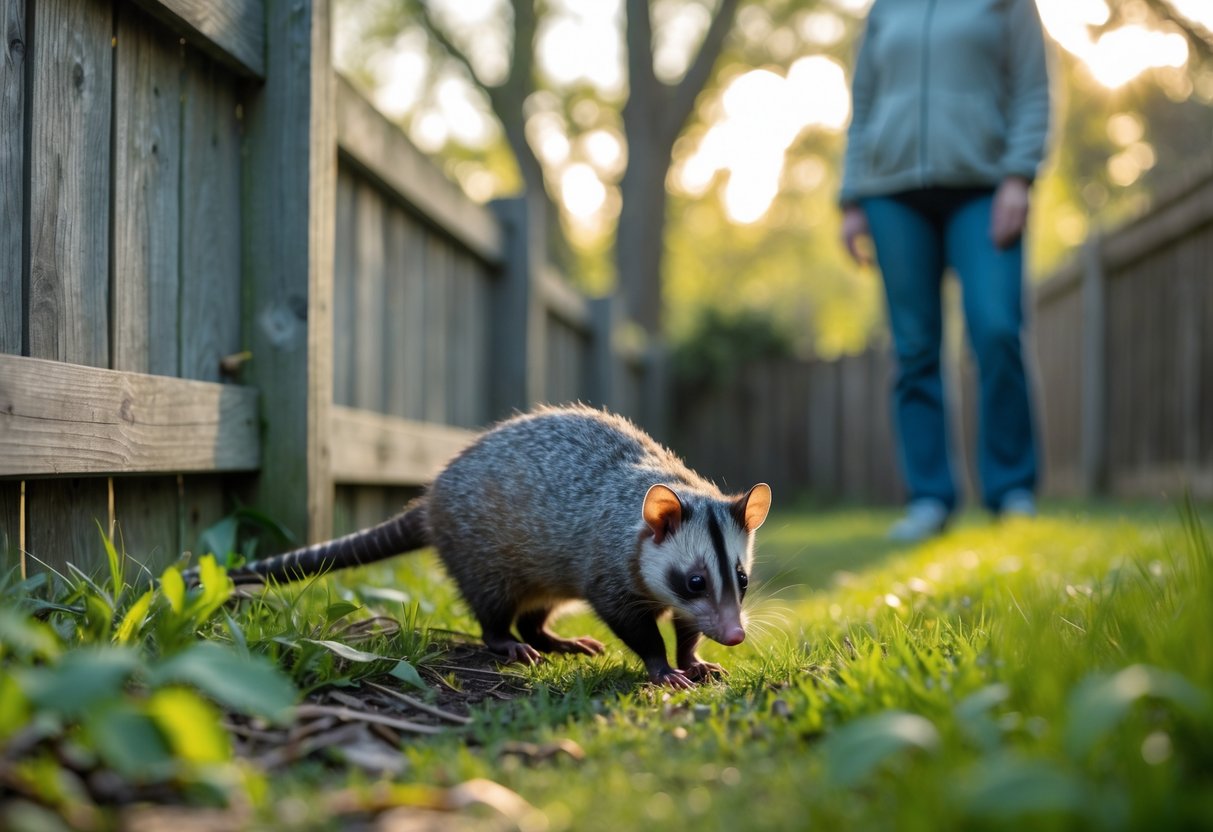 A person watching an opossum walking near a wooden fence in a backyard.