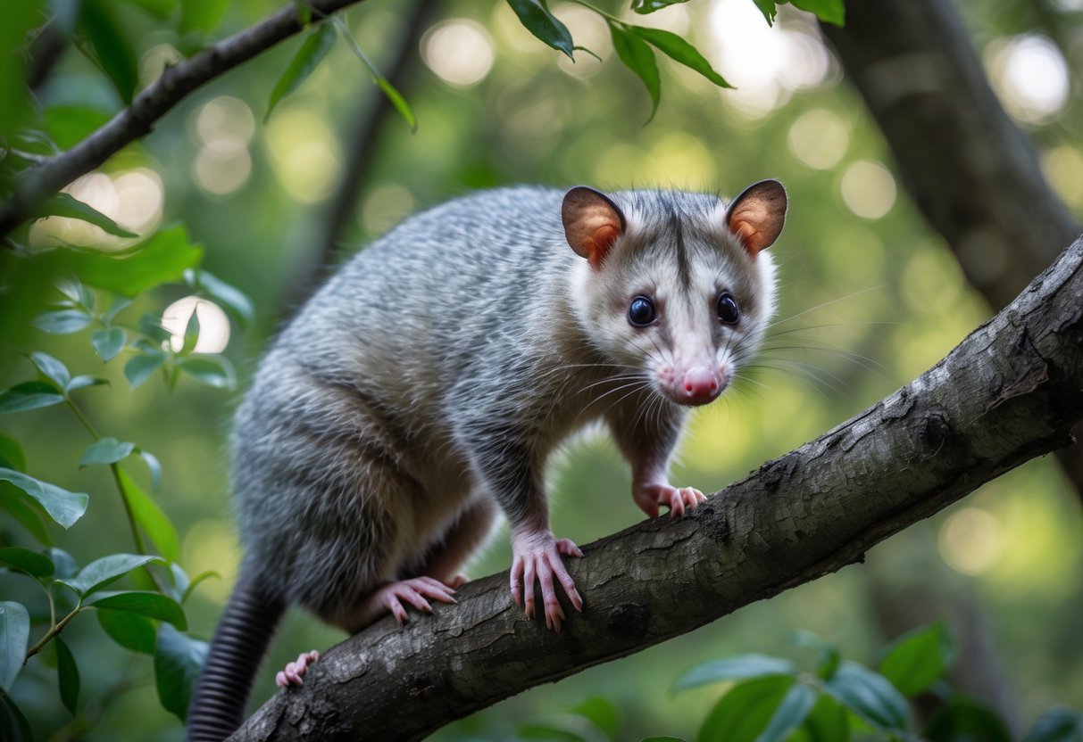 An opossum sitting on a tree branch surrounded by green leaves in a forest.