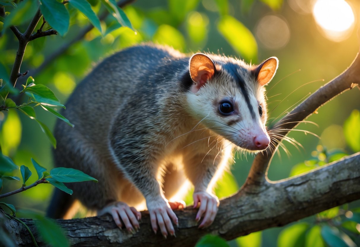 An opossum sitting on a tree branch surrounded by green leaves in daylight.