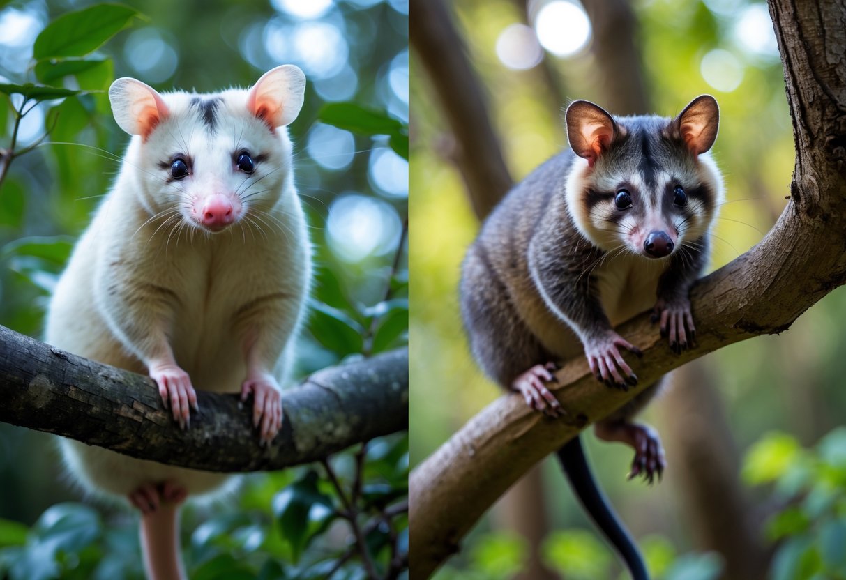 An opossum and a possum sitting on separate tree branches in a forest setting, showing their different facial features and fur textures.