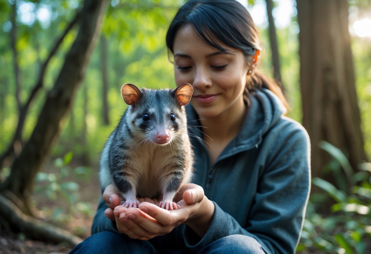 A person gently holding a calm opossum in a peaceful forest setting.