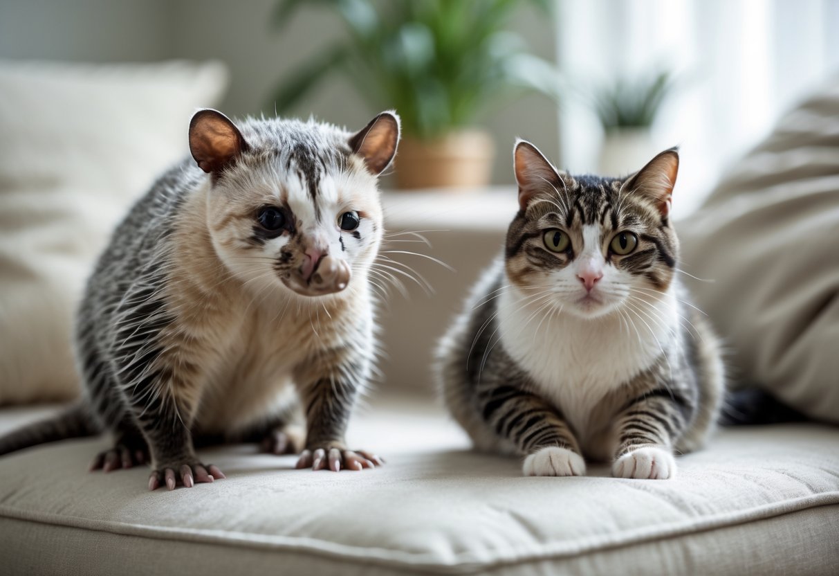 A clean opossum and a domestic cat sitting side by side on a soft surface indoors.