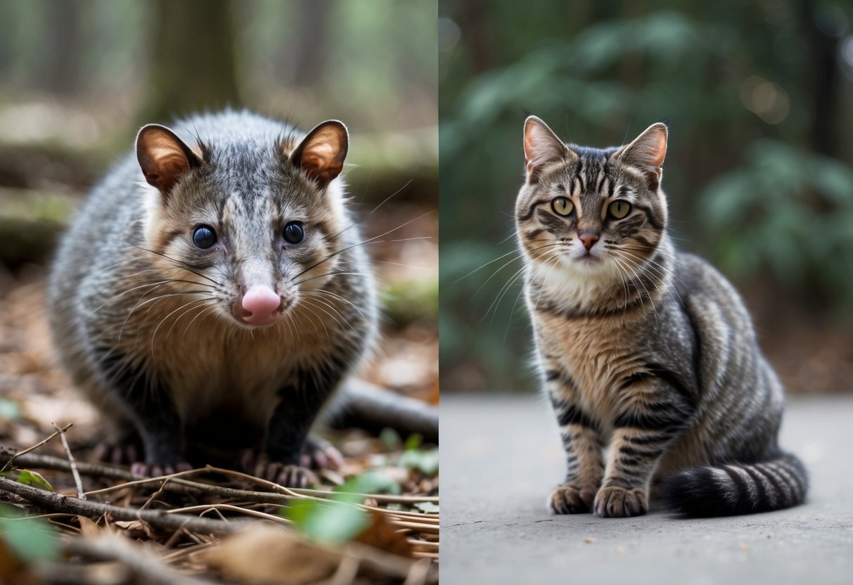 An opossum and a domestic cat sitting side by side outdoors, showing their different appearances and natural settings.