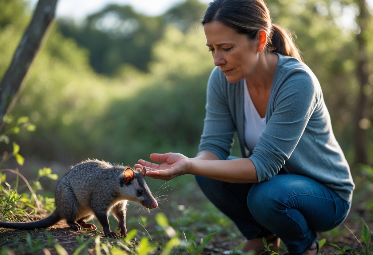 A person outdoors gently holding their hand while looking at a small opossum nearby.