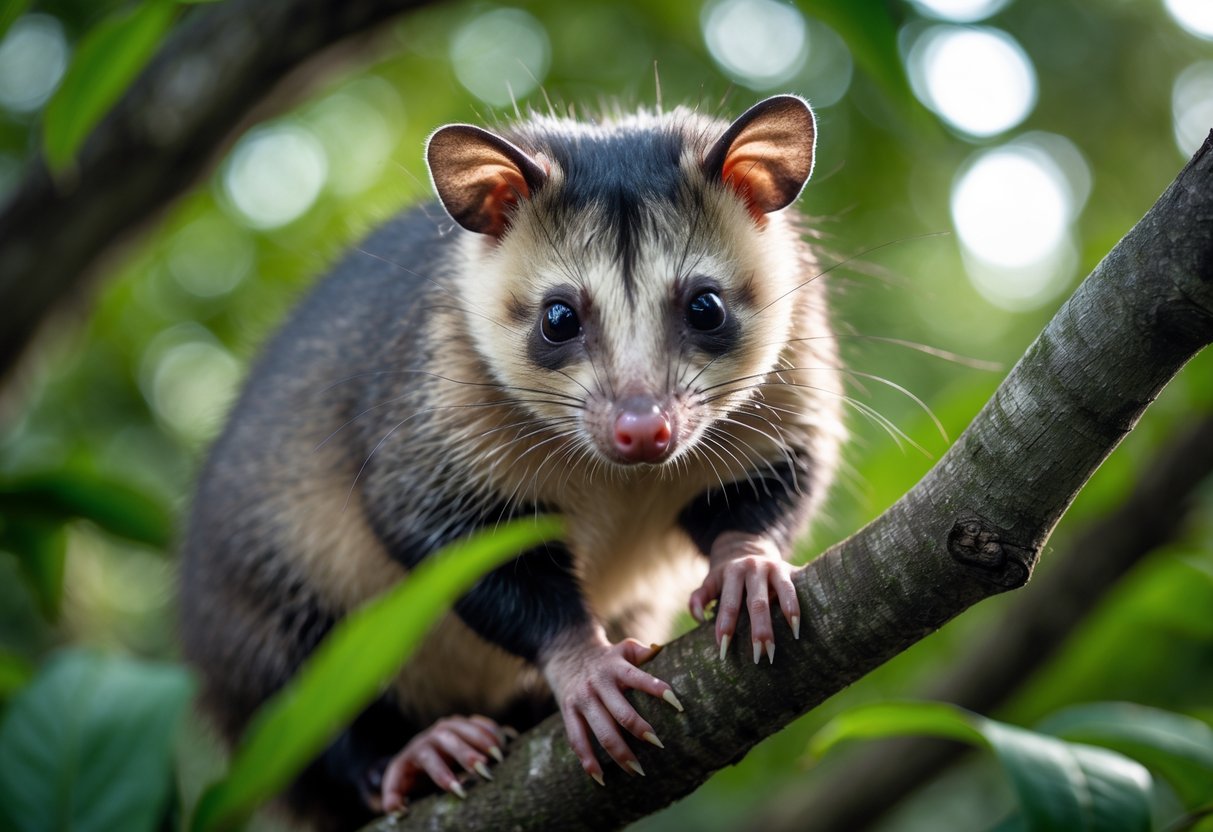 An opossum sitting on a tree branch surrounded by green leaves, looking alert and curious.