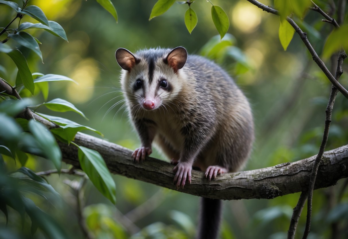 An opossum sitting on a tree branch surrounded by green leaves in a natural outdoor setting.