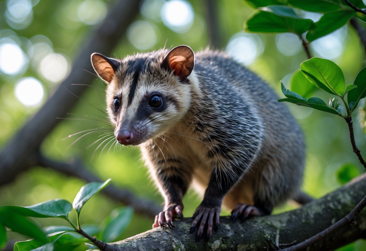 A North American opossum sitting on a tree branch surrounded by green leaves in a forest.