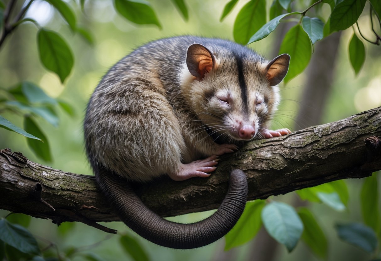 A sleeping opossum curled up on a tree branch surrounded by green leaves.