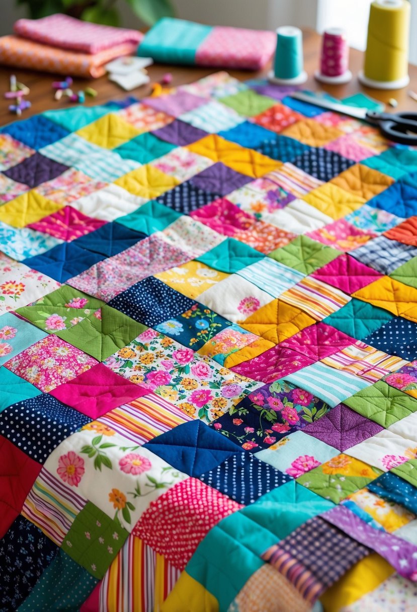 A colorful patchwork quilt made from fabric scraps laid out on a wooden table with sewing tools around it.