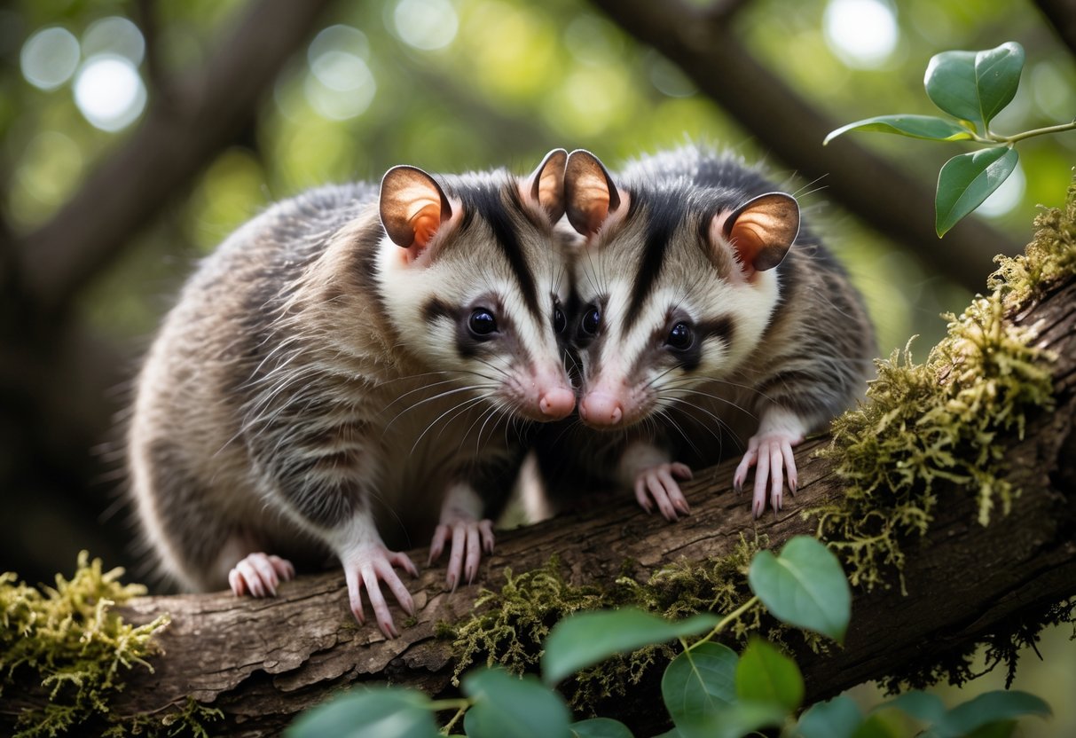 Two opossums close together on a mossy tree branch in a forest.