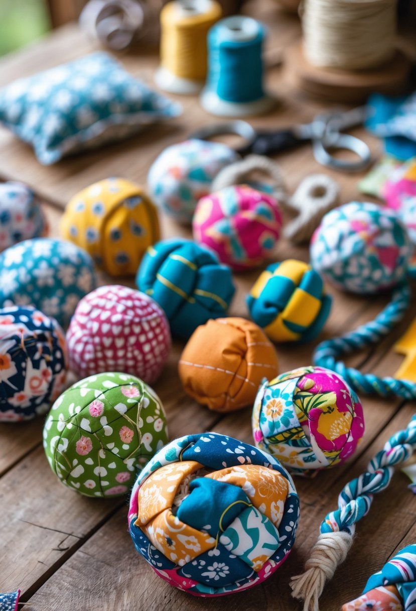 A collection of colorful handmade pet toys made from scrap fabrics arranged on a wooden table with crafting tools in the background.