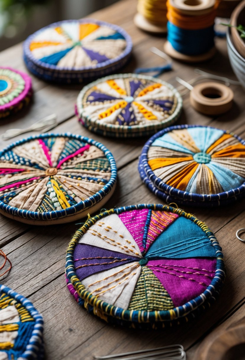 A set of colorful embroidered fabric coasters arranged on a wooden table with sewing materials nearby.