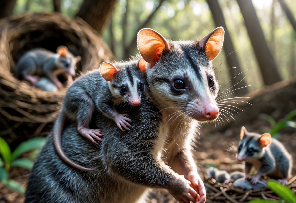 A mother opossum carrying her young on her back in a forest setting with soft sunlight and a pair of opossums nearby.