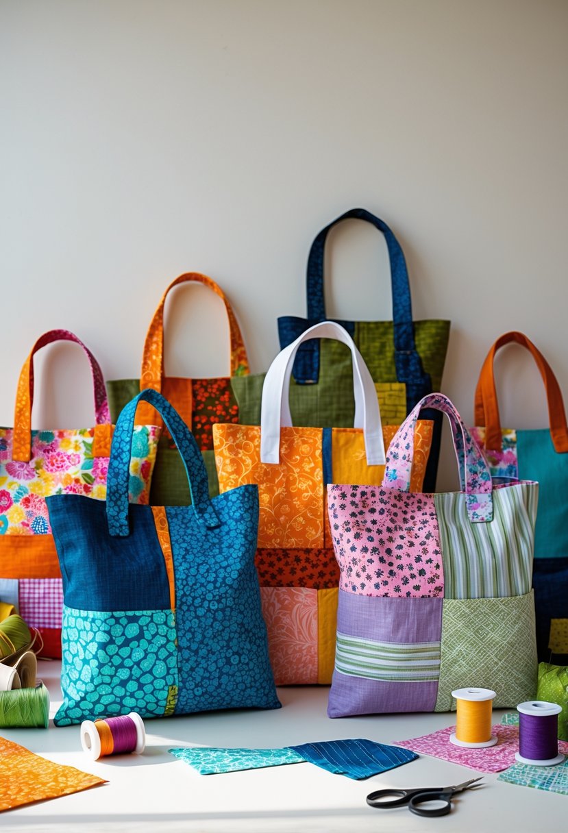 A collection of colorful reversible fabric scrap tote bags displayed with sewing tools and fabric scraps on a neutral surface.