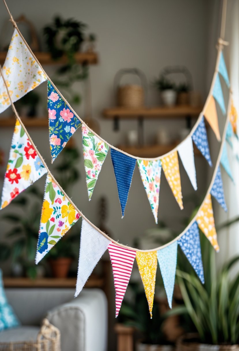 Colorful fabric scrap bunting made from various patterned fabrics hanging indoors as home decoration.