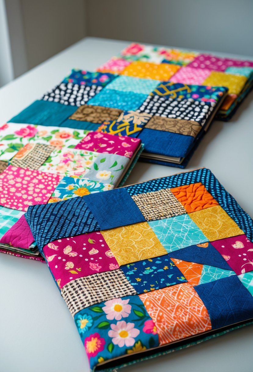 A collection of colorful scrapbook covers made from various fabric scraps arranged on a neutral surface.