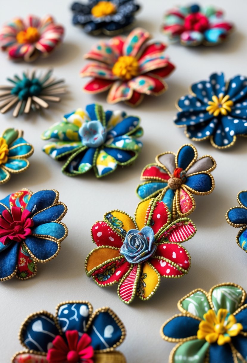 A collection of colorful fabric scrap flower brooch pins arranged on a neutral background.