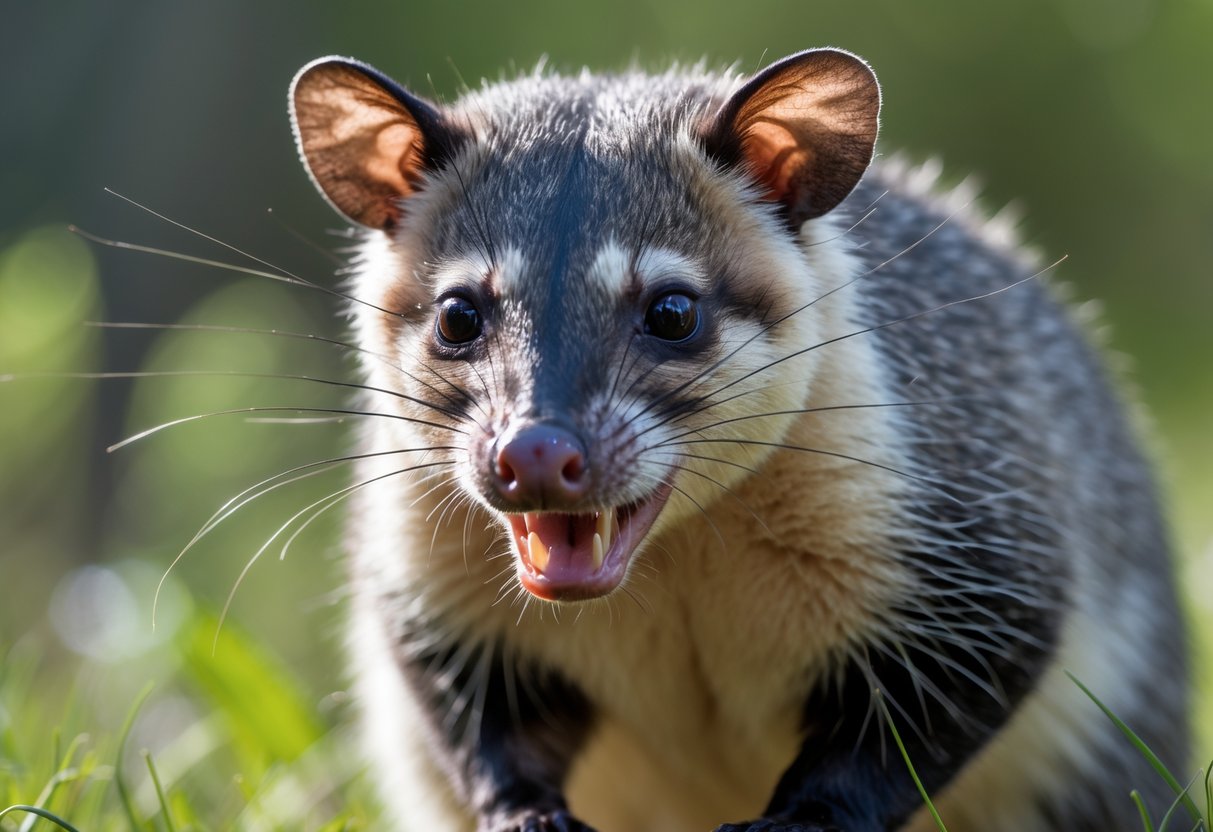 A wild opossum showing a defensive posture with its mouth open in a natural outdoor environment.