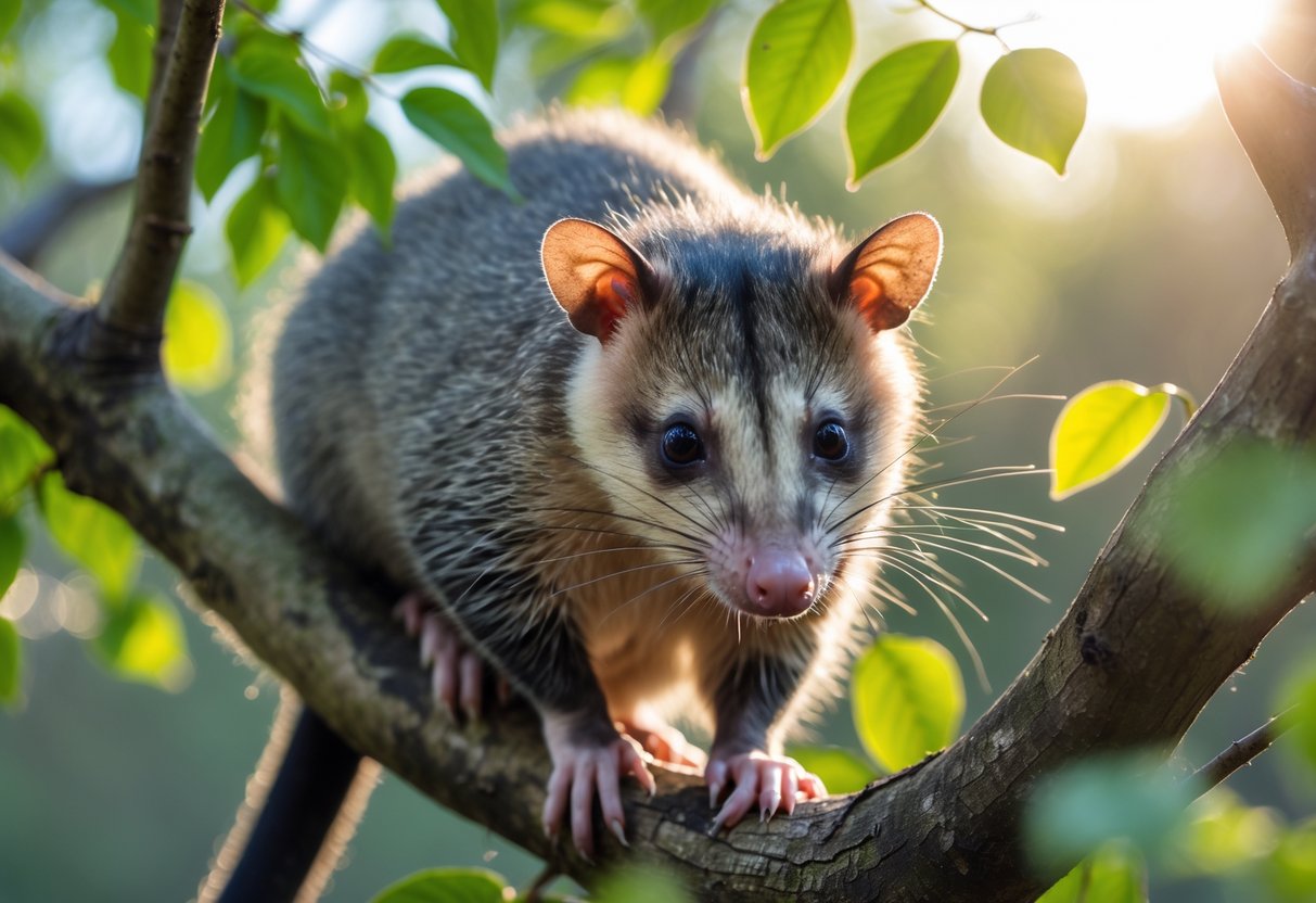 A close-up of an opossum sitting on a tree branch surrounded by green leaves.