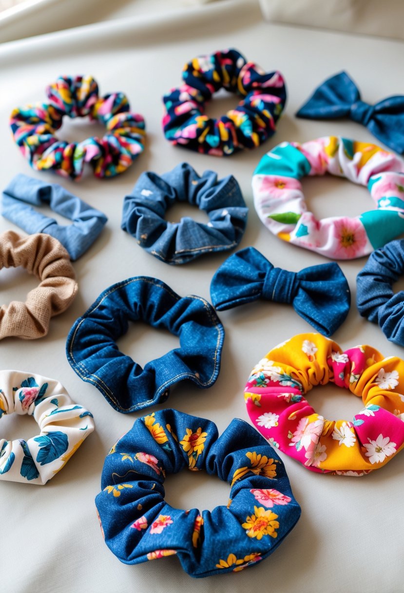 A close-up view of colorful handmade hair accessories made from various fabric scraps arranged on a neutral surface.
