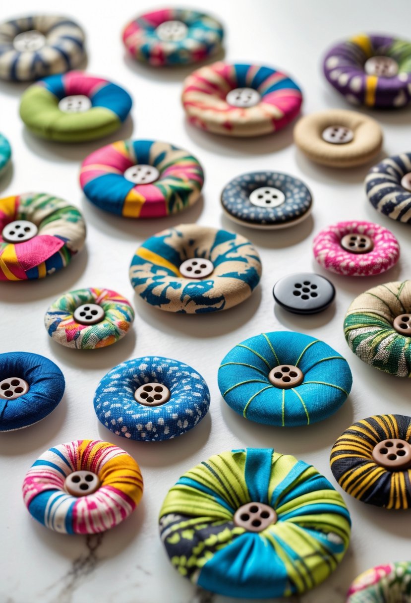A collection of colorful fabric scrap covered buttons arranged on a white surface.