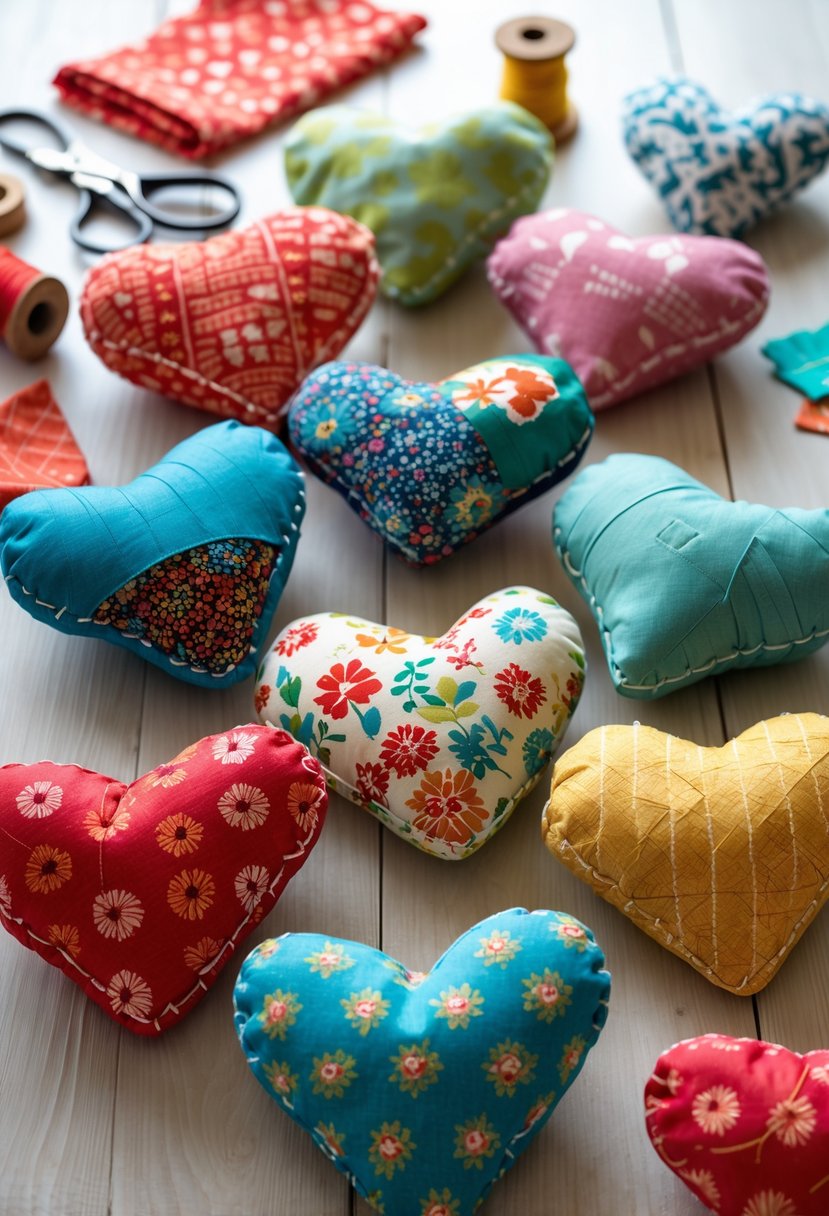 A collection of colorful fabric scrap stuffed hearts arranged on a wooden surface with sewing tools nearby.