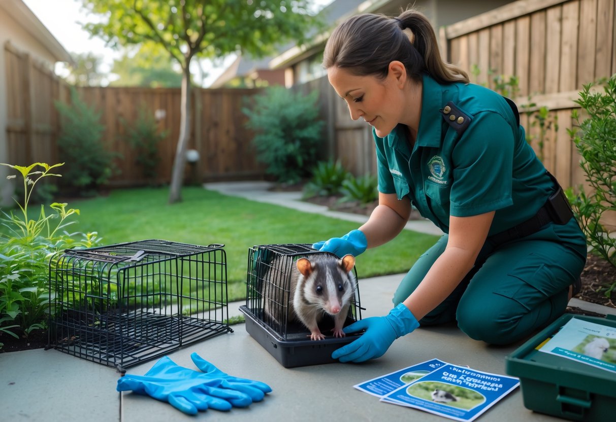 A wildlife expert gently handling a live opossum in a humane trap in a suburban backyard garden.