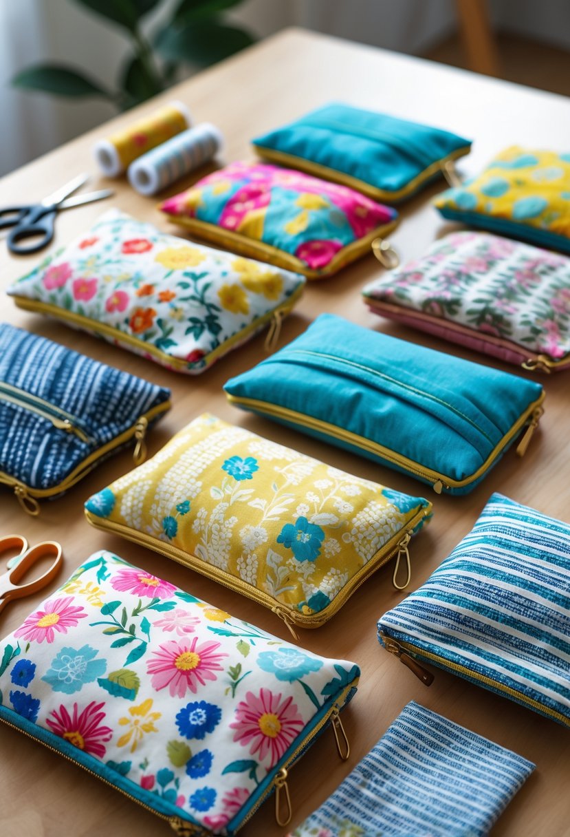 A collection of colorful fabric scrap pouches with zippers arranged on a wooden table alongside sewing tools and fabric scraps.